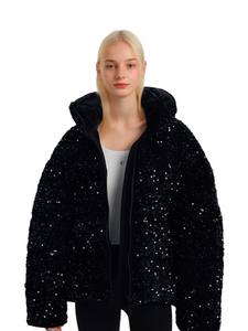 Sequin Velvet na mBan seaicéad ard-deireadh síos-collar seastán lár-fhad nua an gheimhridh, gé scaoilte scaoilte síos