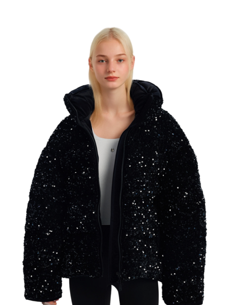 អាវធំរបស់ស្ត្រី Sequin បញ្ចប់អាវធំខ្ពស់ - រដូវរងារពាក់កណ្តាលប្រវែងថ្មីពាក់កណ្តាលប្រវែងអាវទ្រនាប់ស្រល់រលុង