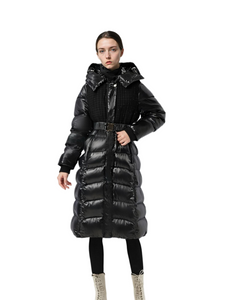 Doudoune longue m&eacute;lang&eacute;e en tweed et laque avec capuche r&eacute;glable surdimensionn&eacute;e et ceinture structur&eacute;e 