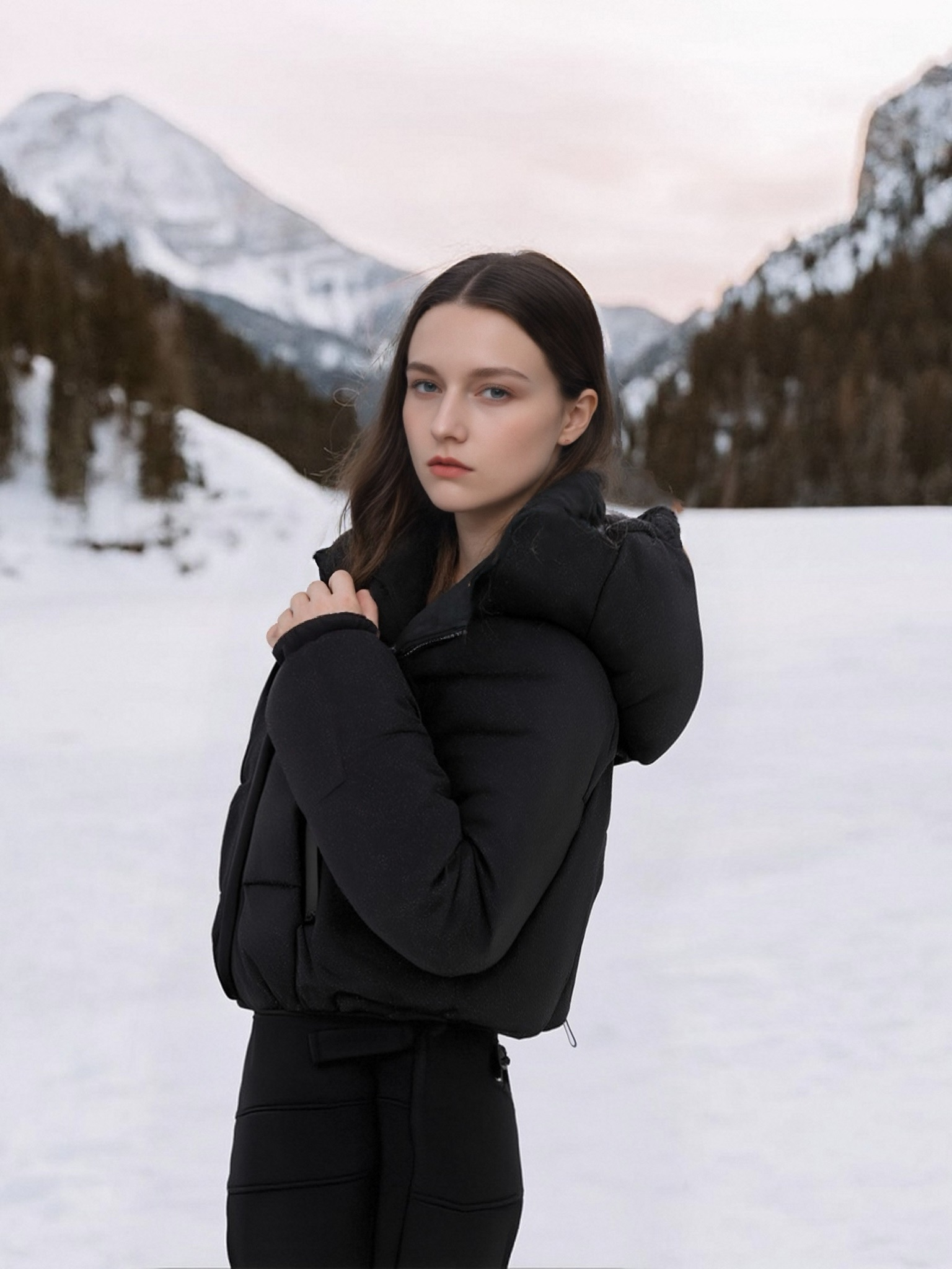 Setelan Ski Bahan Matte dengan Tudung Tak Terlihat