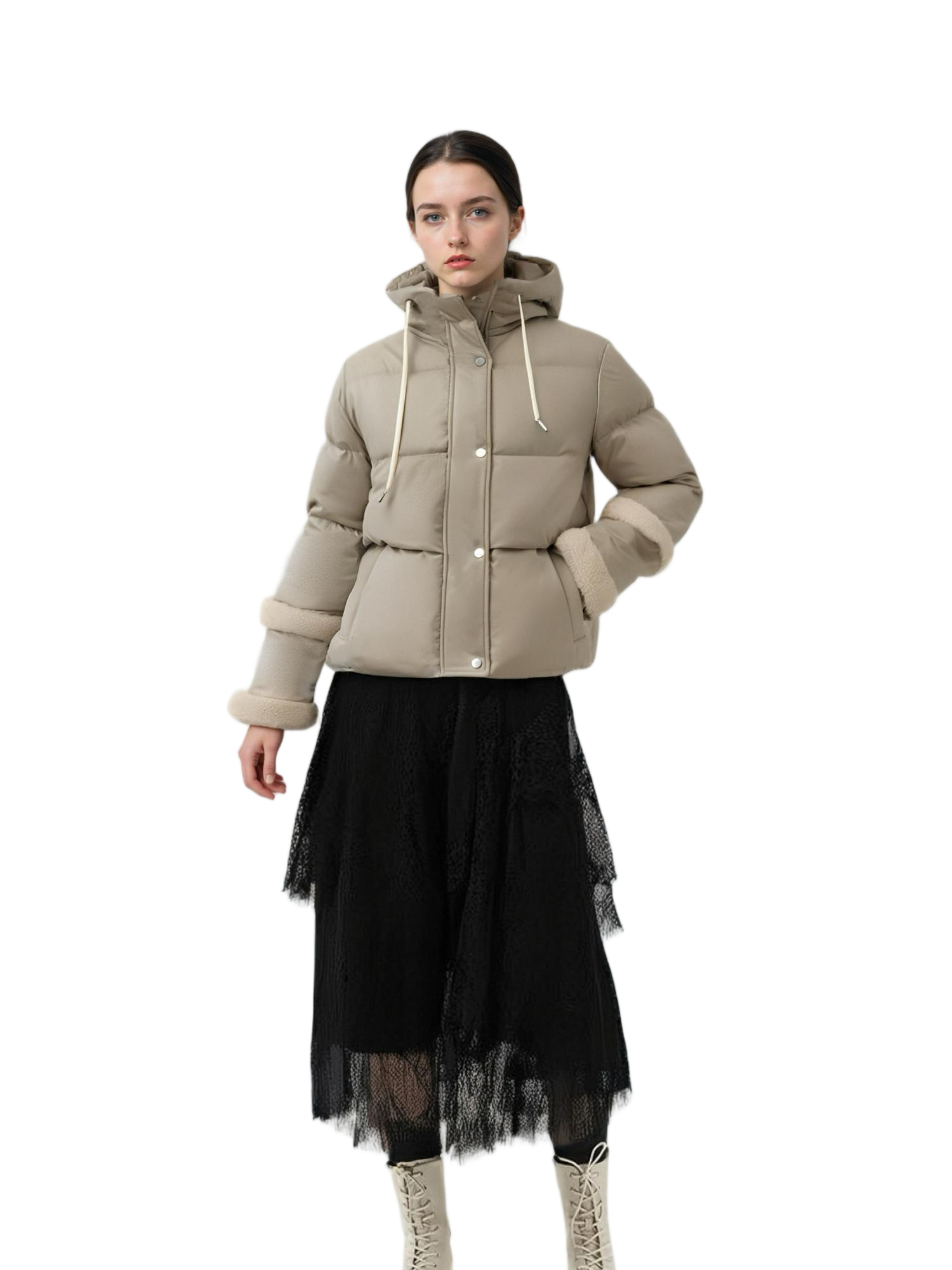 Satin ပါသော Puffer Coat အတို - Matte ရောစပ်ပါ။