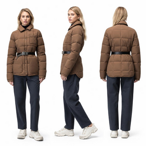 Piumino marrone caldo ultraleggero color block: tessuto a quadri da donna e cintura in PU
