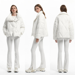 Elfenbeinfarbener, &uuml;bergro&szlig;er Diamond Quilt Puffer mit hohem Kragen: Leichte, gef&auml;lschte Daunenjacke aus Polyester f&uuml;r Damen