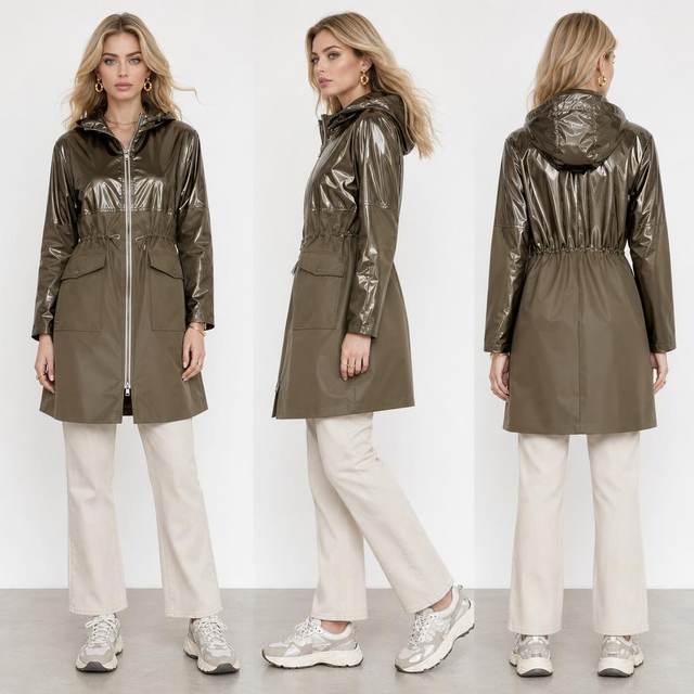 Chaqueta cortavientos de color caqui con brillo met&aacute;lico y dise&ntilde;o de dos tejidos para mujer: cintura el&aacute;stica ajustable