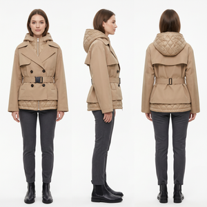 2-i-1 konvertibel trenchcoat for kvinner – avtakbar vattert vest, vannavvisende twill, belte i midjen, hette