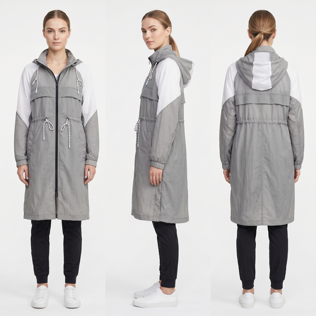 Anorak largo de nailon color block para mujer: cintura ajustable, repelente al agua, aventura diaria