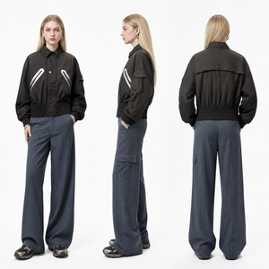 Klassische schwarze Bomberjacke mit PU-Akzent: Versteckte Druckkn&ouml;pfe f&uuml;r Damen und breiter elastischer Saum