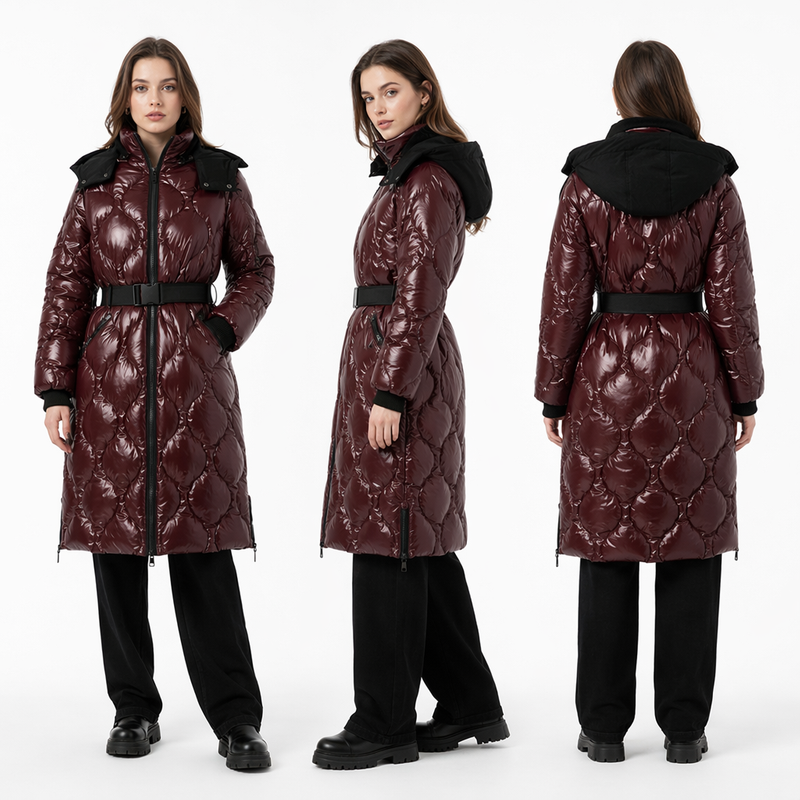Koti Puffer Roa Whakaranuhia te Lacquer & Matte me te Hood Wewete me nga Quiltings Kopiko