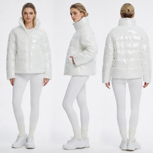Chaqueta acolchada de lentejuelas extragrande para mujer: cuello alto y plum&oacute;n falso ligero
