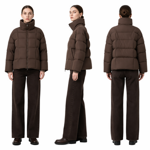 Langer Puffermantel aus Tweed und Mattmix mit verstellbarer Kapuze