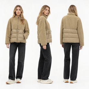 Puffermantel aus Fleece- und Lackmix mit verstellbarer Kapuze 