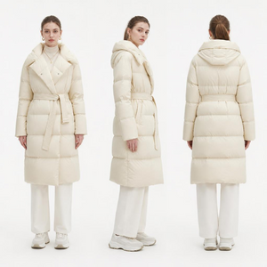 Krem Oversize Orta Boy Şişme Kaban: Kap&uuml;şonlu & Kendinden Bağlamalı Kemer 