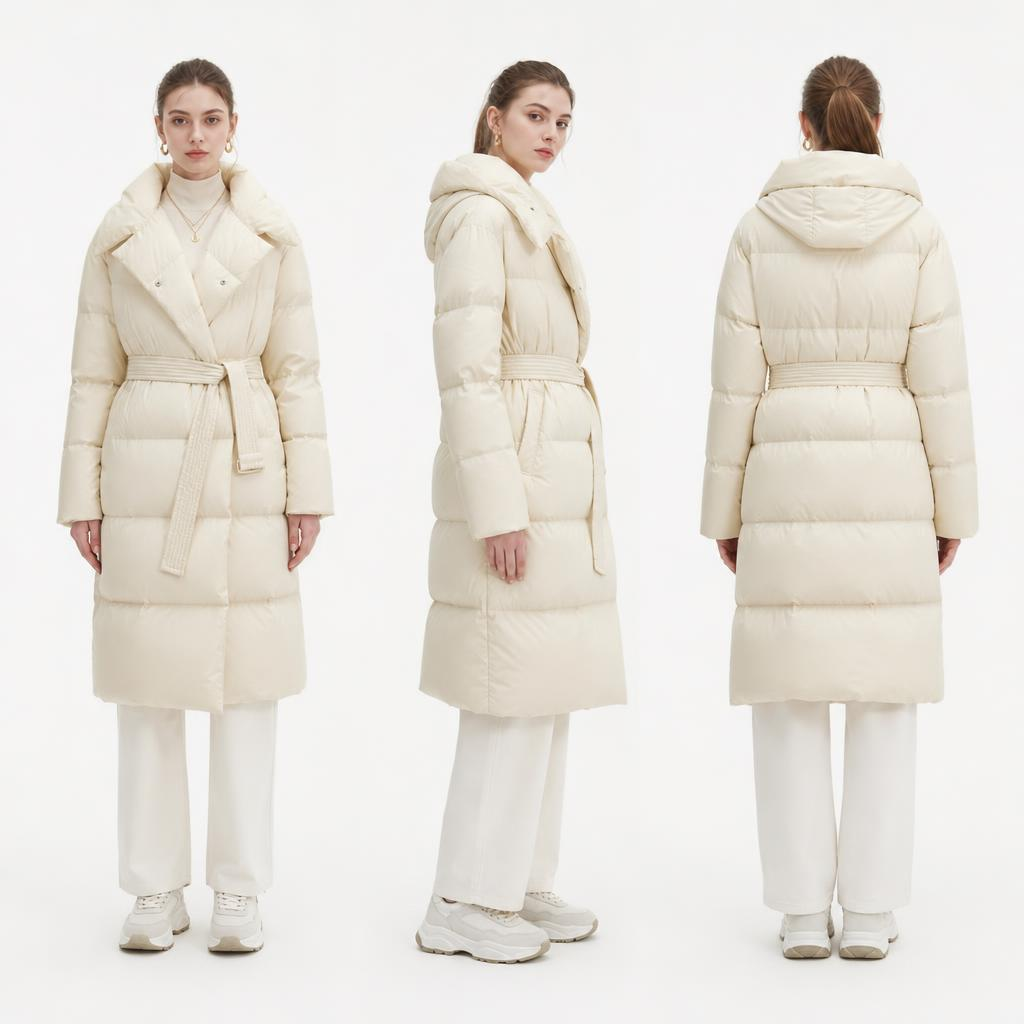 Cream Oversized Mid-Length Puffer Coat: Hooded & Self-Tie Belt 