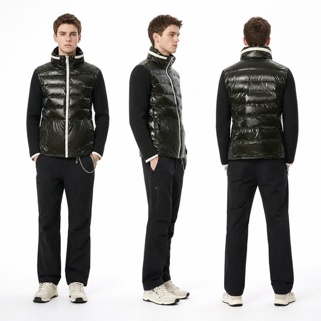 Hybrid gl&auml;nsande lack nylonstickad jacka f&ouml;r m&auml;n | Hidden Hood Fake Down Stand-Collar Urban Coat