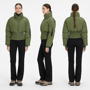 Vroue Army Green Corset Puffer Baadjie: Geknipte silhoe&euml;t en funksionele metaalbesonderhede