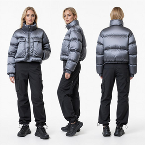Kot Puffer Berpotongan Logam Wanita - Pakaian Luar Musim Sejuk Poket 3D Futuristik